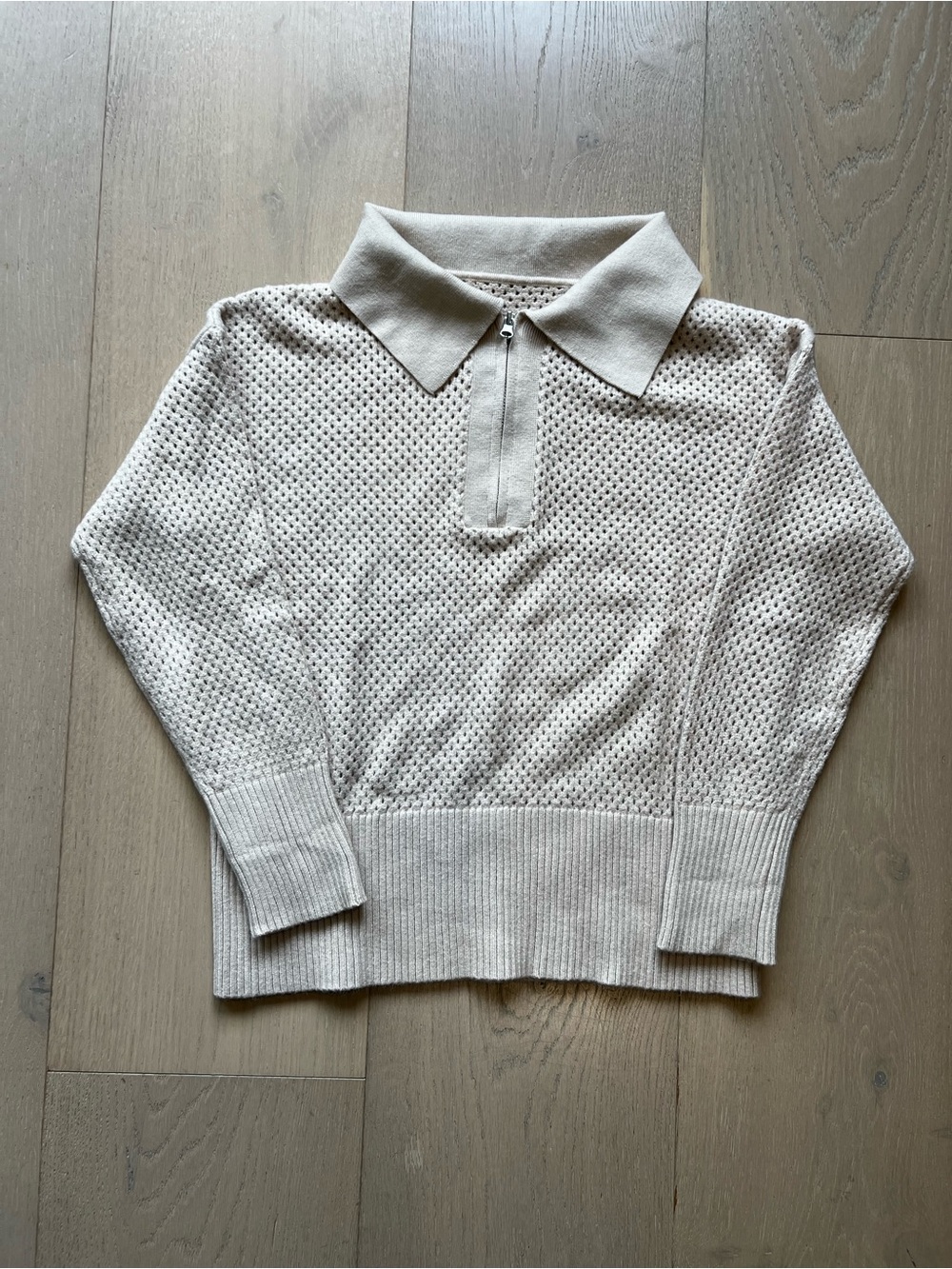Boho Crochet Knit Quarter Zip Collared Sweater Beige XL